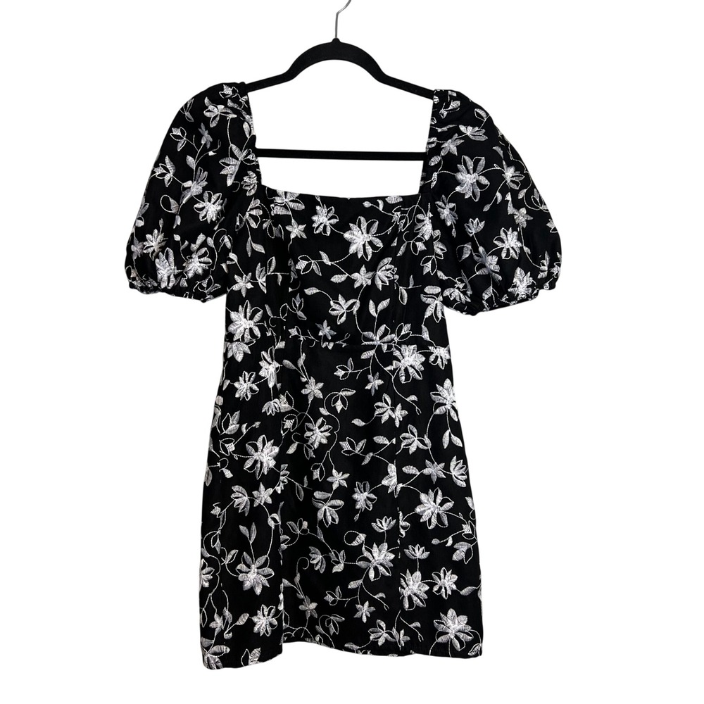 Blue Rain Lyzbeth Floral Embroidered Mini Dress Size S Puff Sleeve Black White